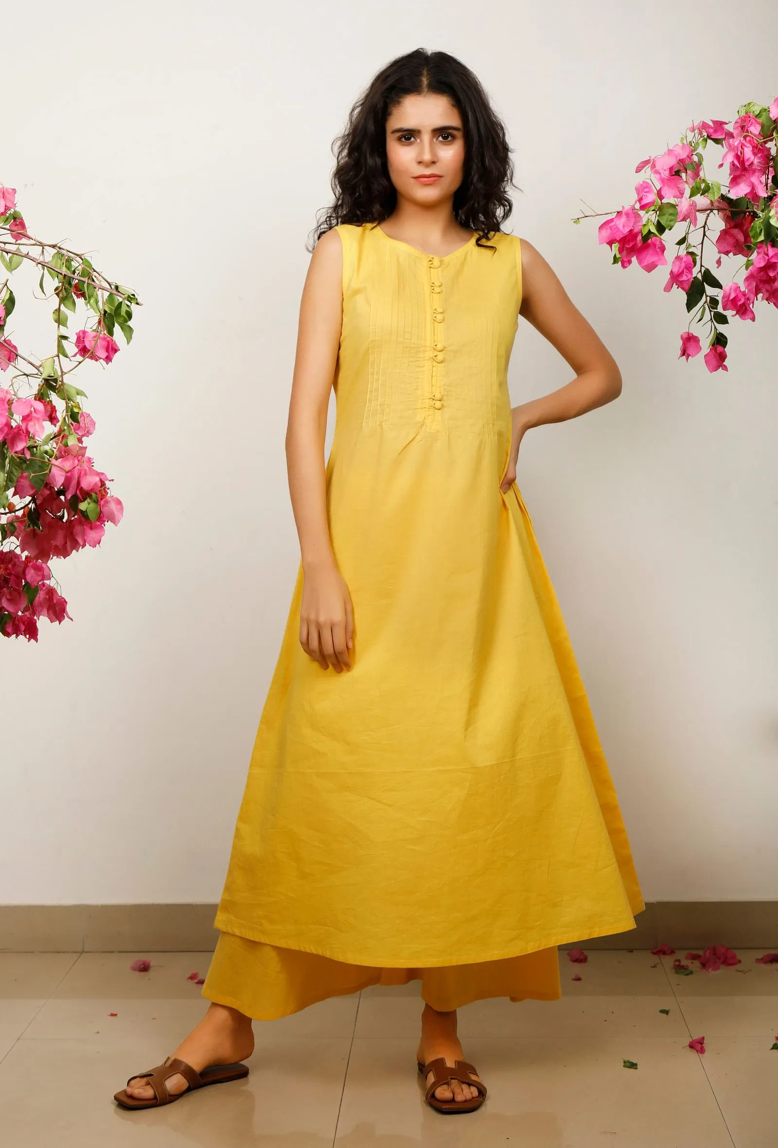 Set of 3: Yellow Solid flared sleeveless Cotton Kurta with Kota Dupatta and Solid Cotton Pants