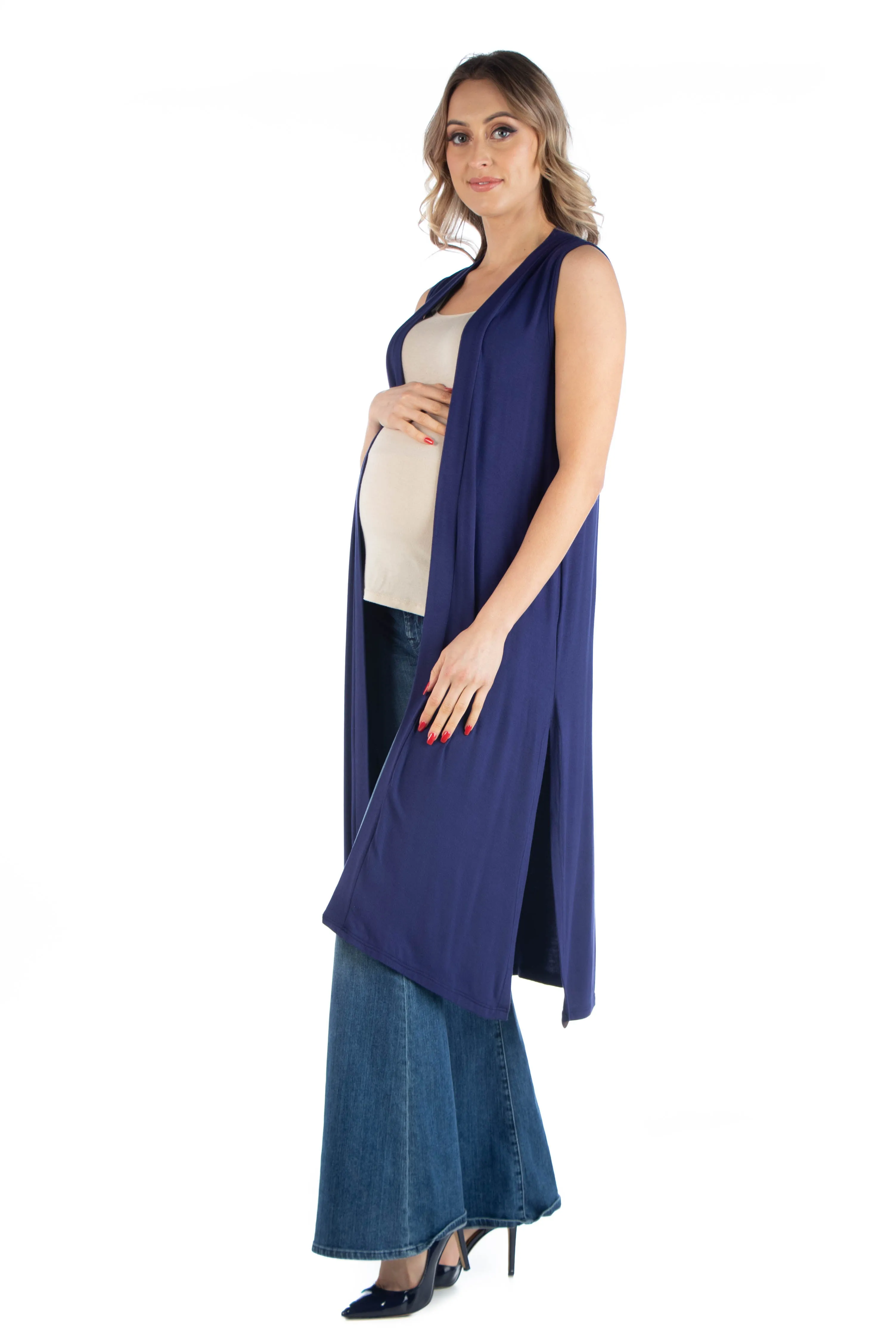 Sleeveless Long Maternity Cardigan with Side Slit