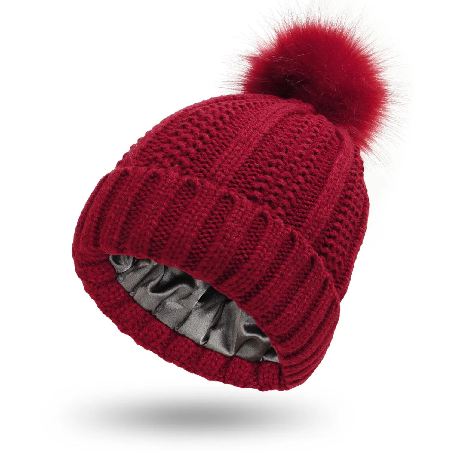 Stretchy Satin Lined Skull Knit hat Faux Fur Pom Pom