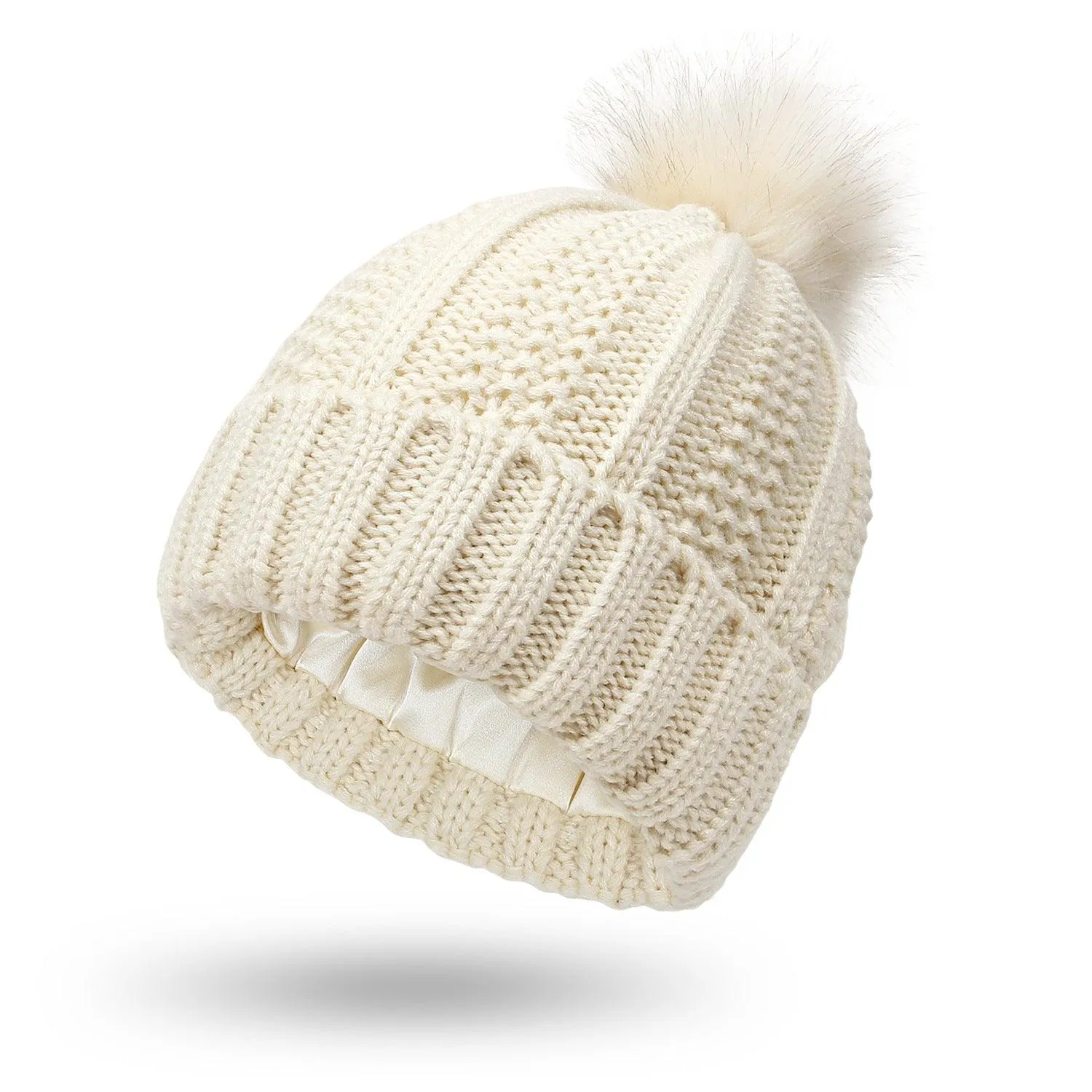 Stretchy Satin Lined Skull Knit hat Faux Fur Pom Pom