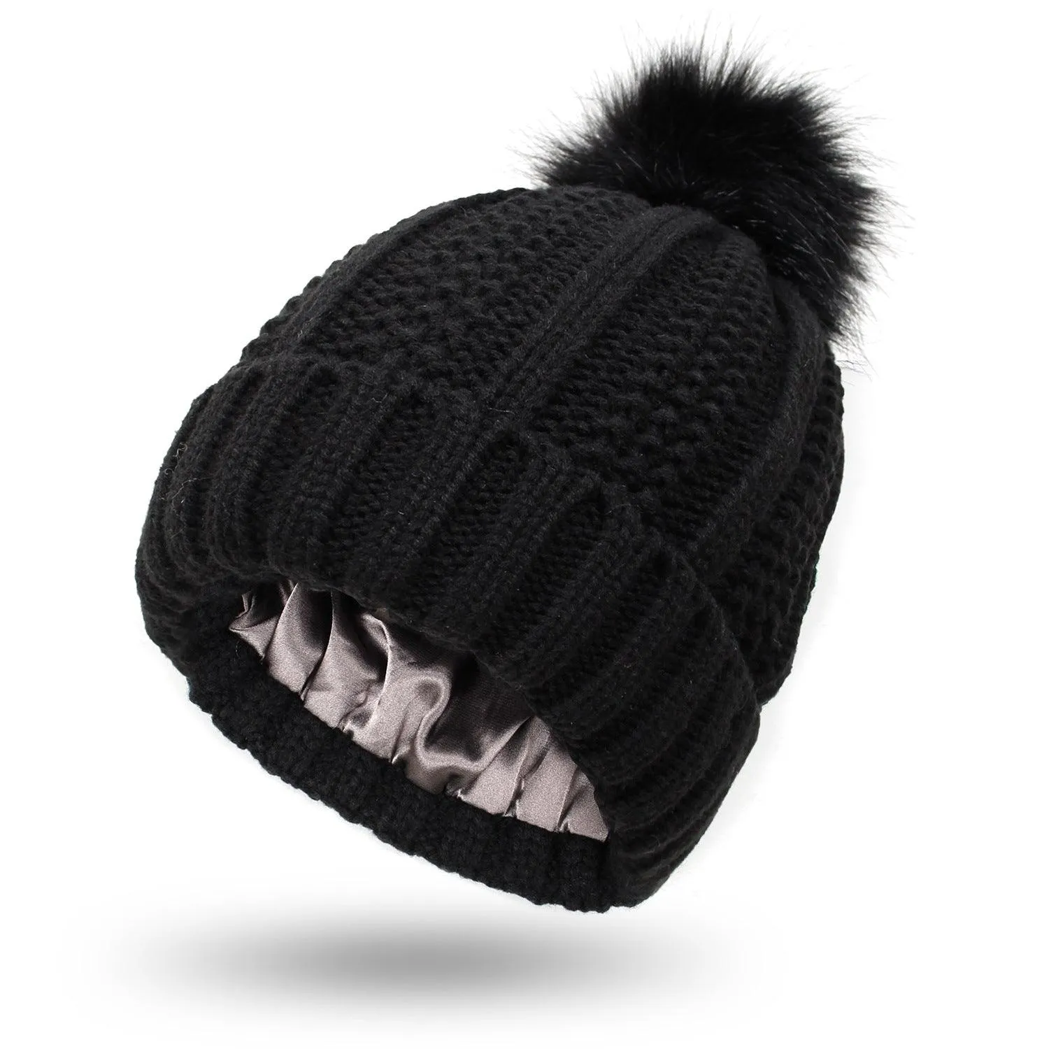 Stretchy Satin Lined Skull Knit hat Faux Fur Pom Pom