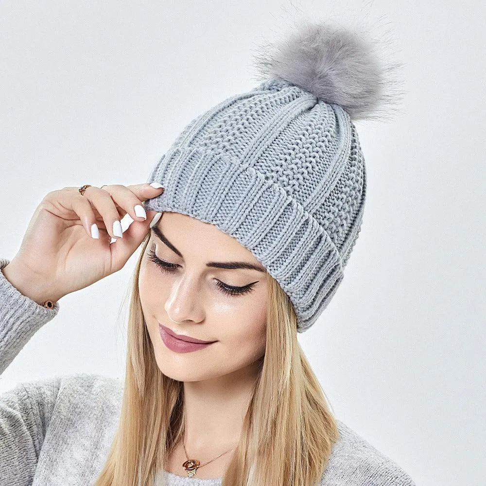 Stretchy Satin Lined Skull Knit hat Faux Fur Pom Pom