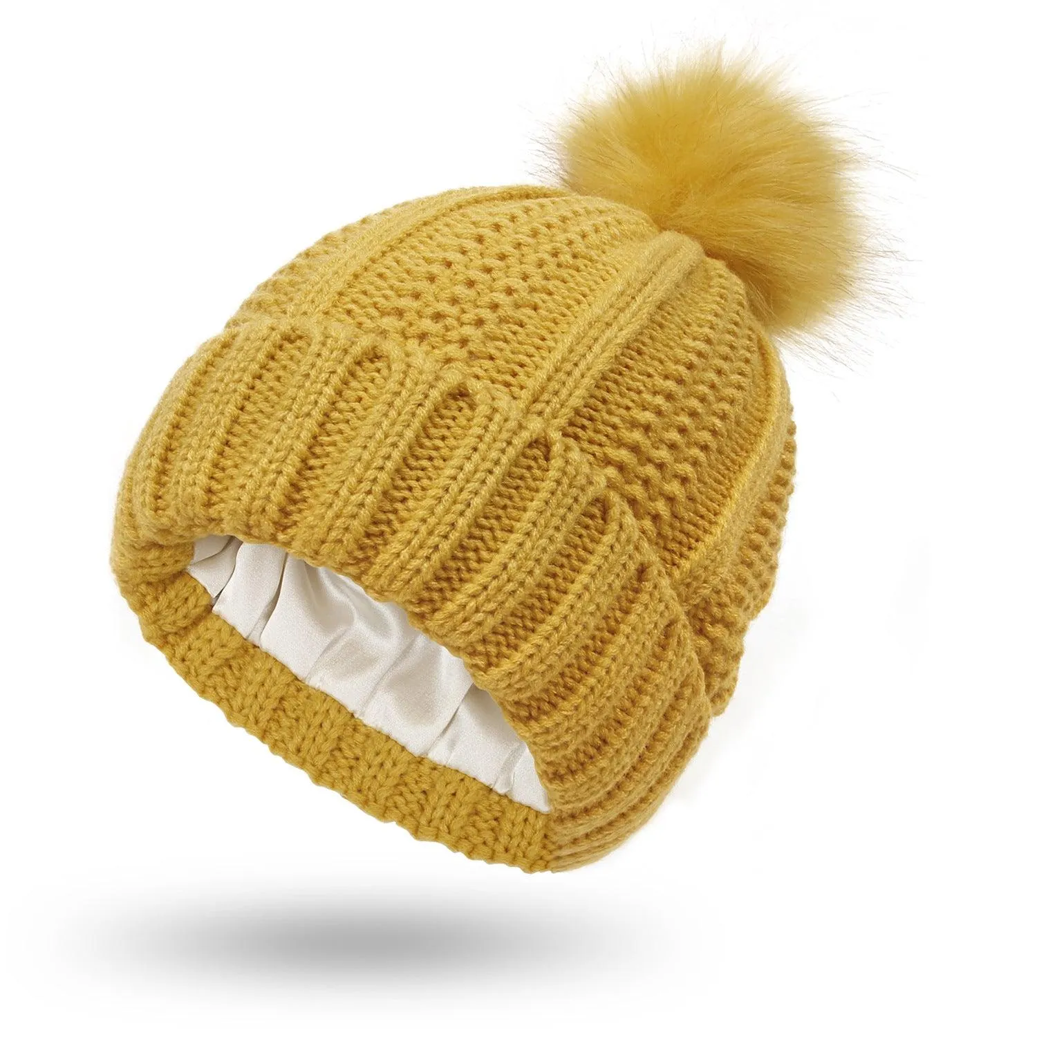 Stretchy Satin Lined Skull Knit hat Faux Fur Pom Pom