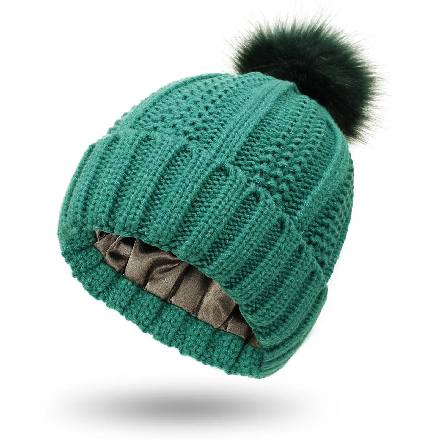 Stretchy Satin Lined Skull Knit hat Faux Fur Pom Pom