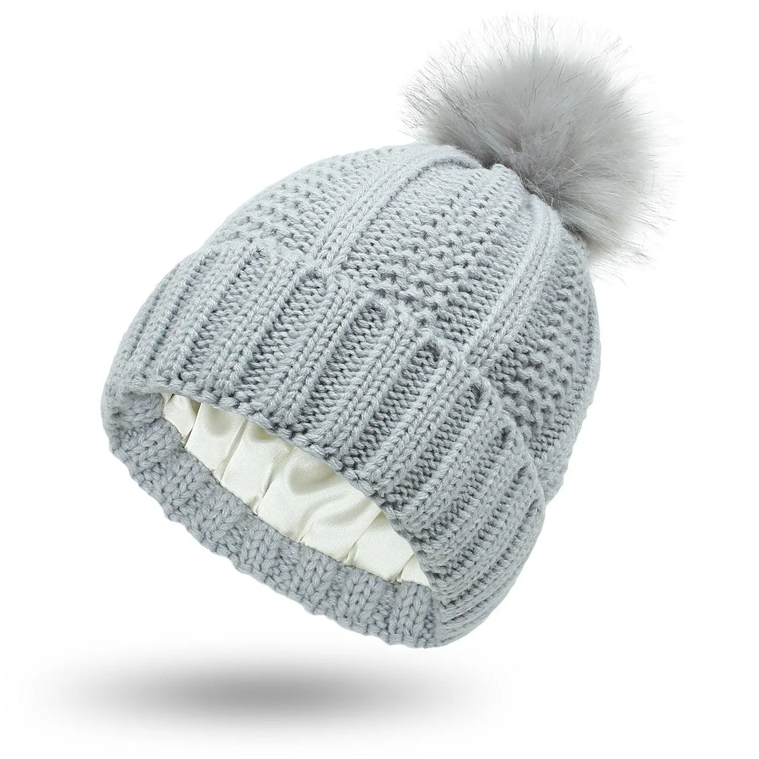 Stretchy Satin Lined Skull Knit hat Faux Fur Pom Pom