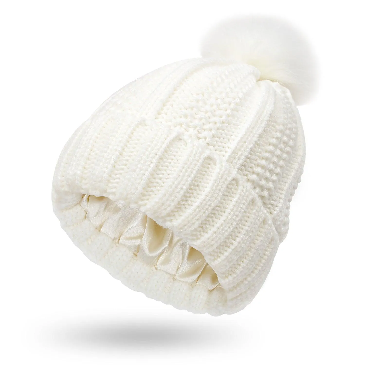 Stretchy Satin Lined Skull Knit hat Faux Fur Pom Pom