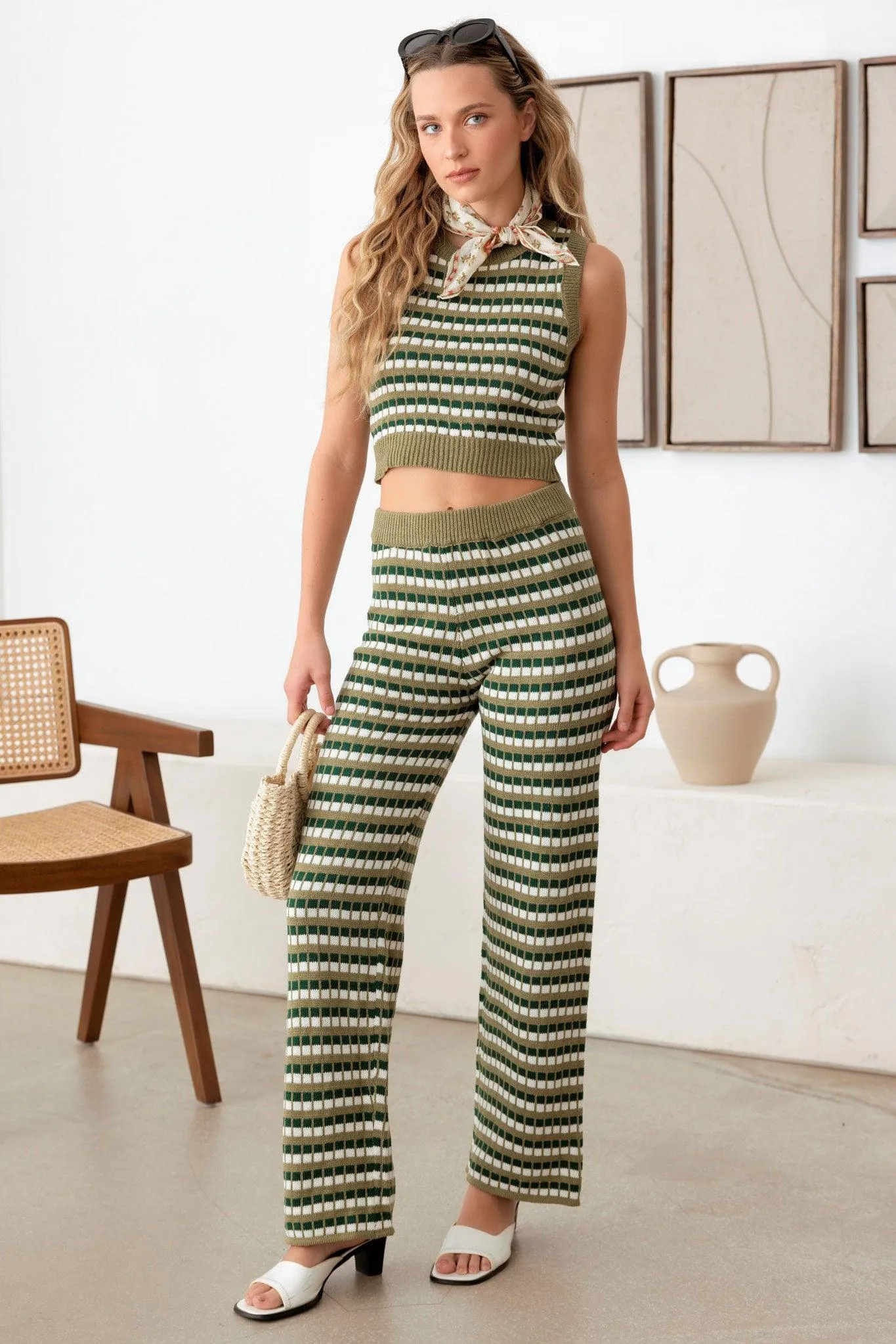 Stripe Crochet Sweater Vest & High Waisted Pants Set