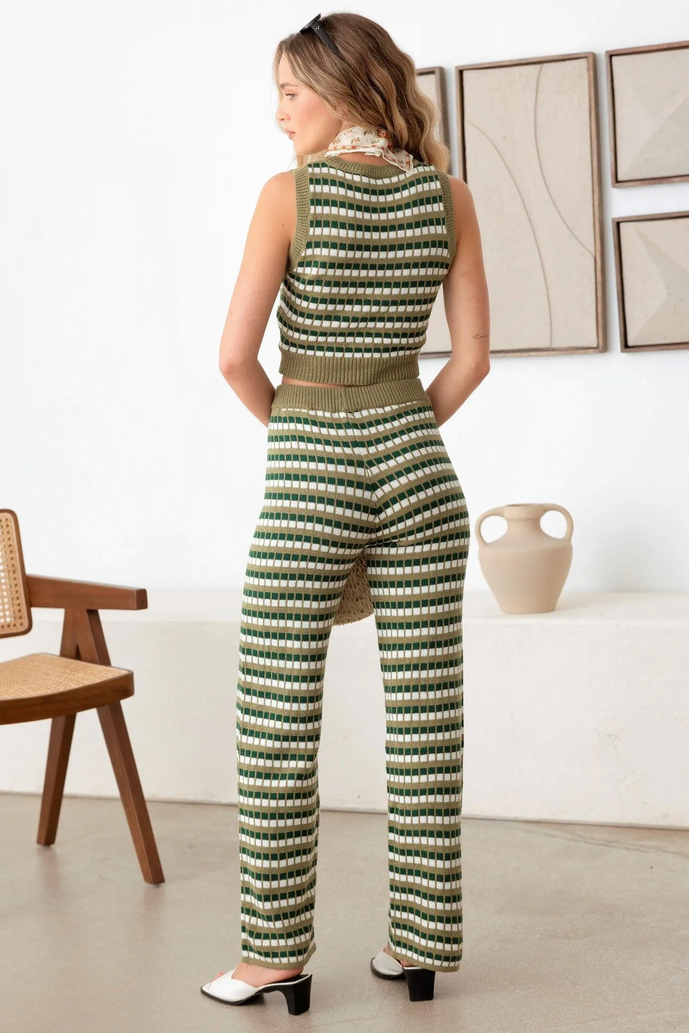 Stripe Crochet Sweater Vest & High Waisted Pants Set