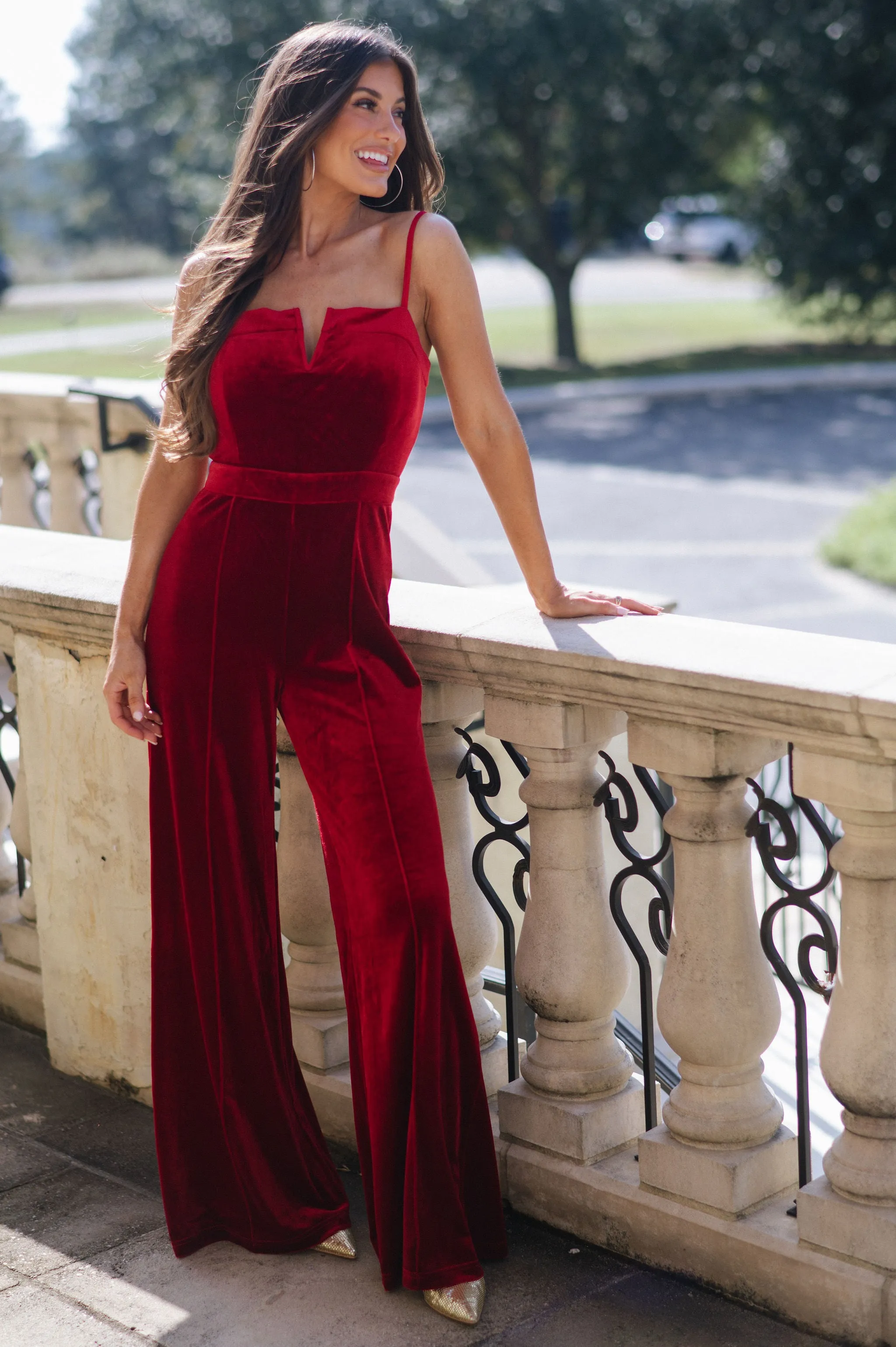 Structured Velvet Jumpsuit-Wine