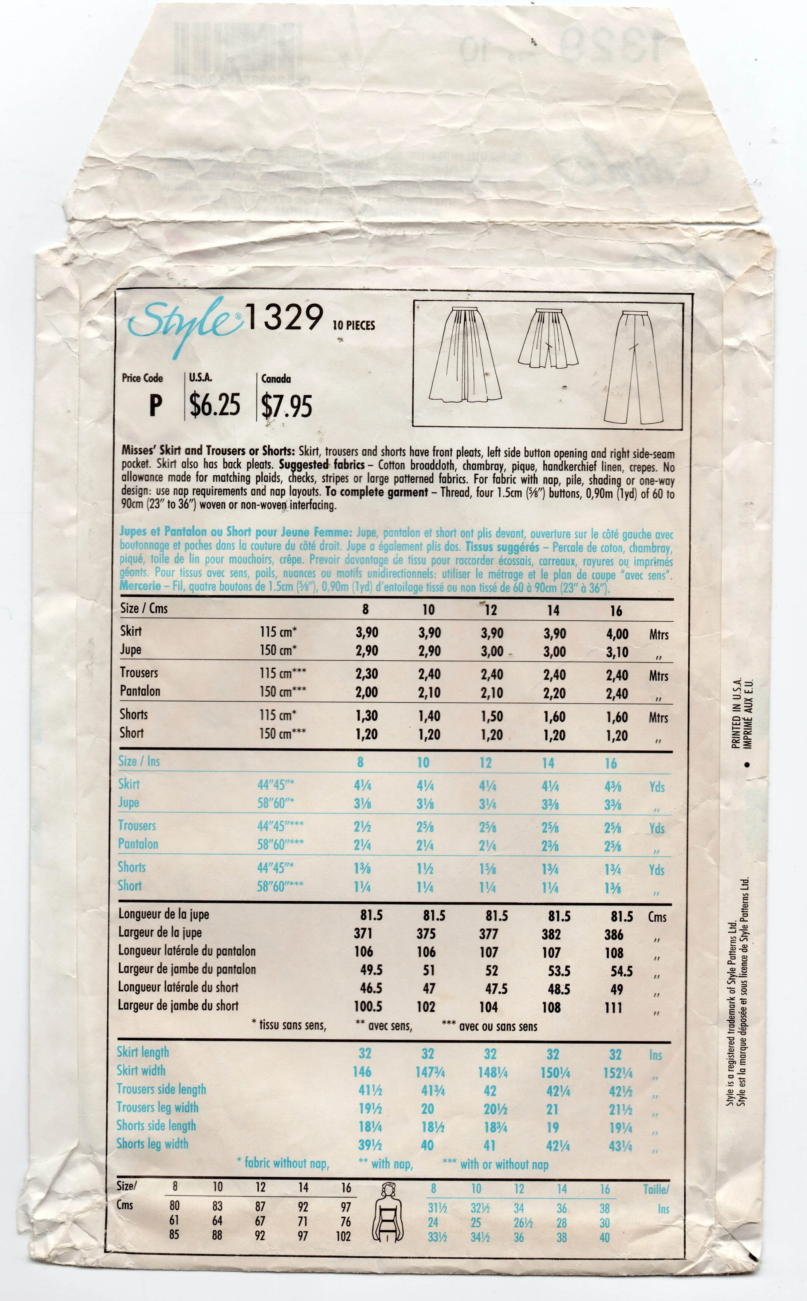 Style 1329 Womens Side Buttoned Skirt Culottes & Pants 1980s Vintage Sewing Pattern Size 10 Waist 25 inches