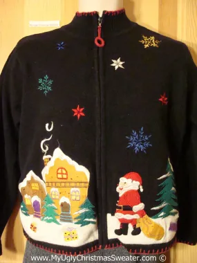 Tacky Cheesy Holiday Sweater with Santa in a Winter Wonderland Town with Colorful Snowflakes (f1171)