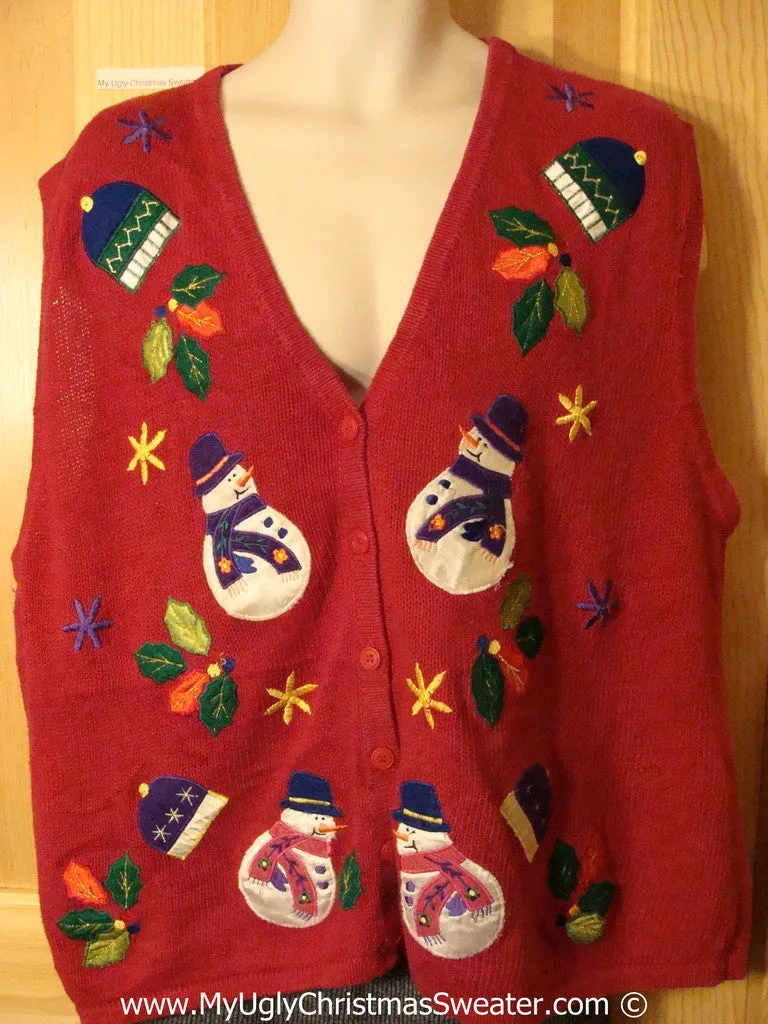 Tacky Christmas Sweater Party Ugly Sweater Vest with Plump Festive Snowmen and Hats. Great Size for Womens or Mens XXL or XXXL  (f915)