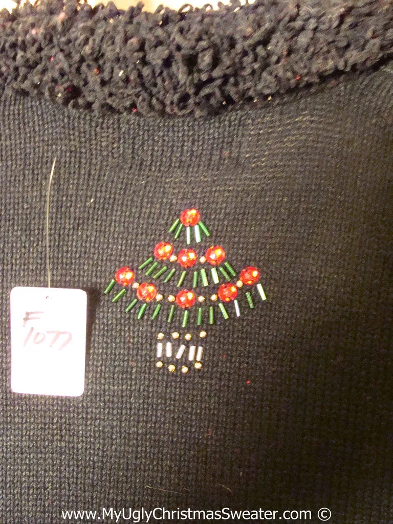 Tacky Holiday Sweater with Furry Collar and Bead Bling Trees (f1077)