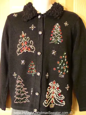 Tacky Holiday Sweater with Furry Collar and Bead Bling Trees (f1077)