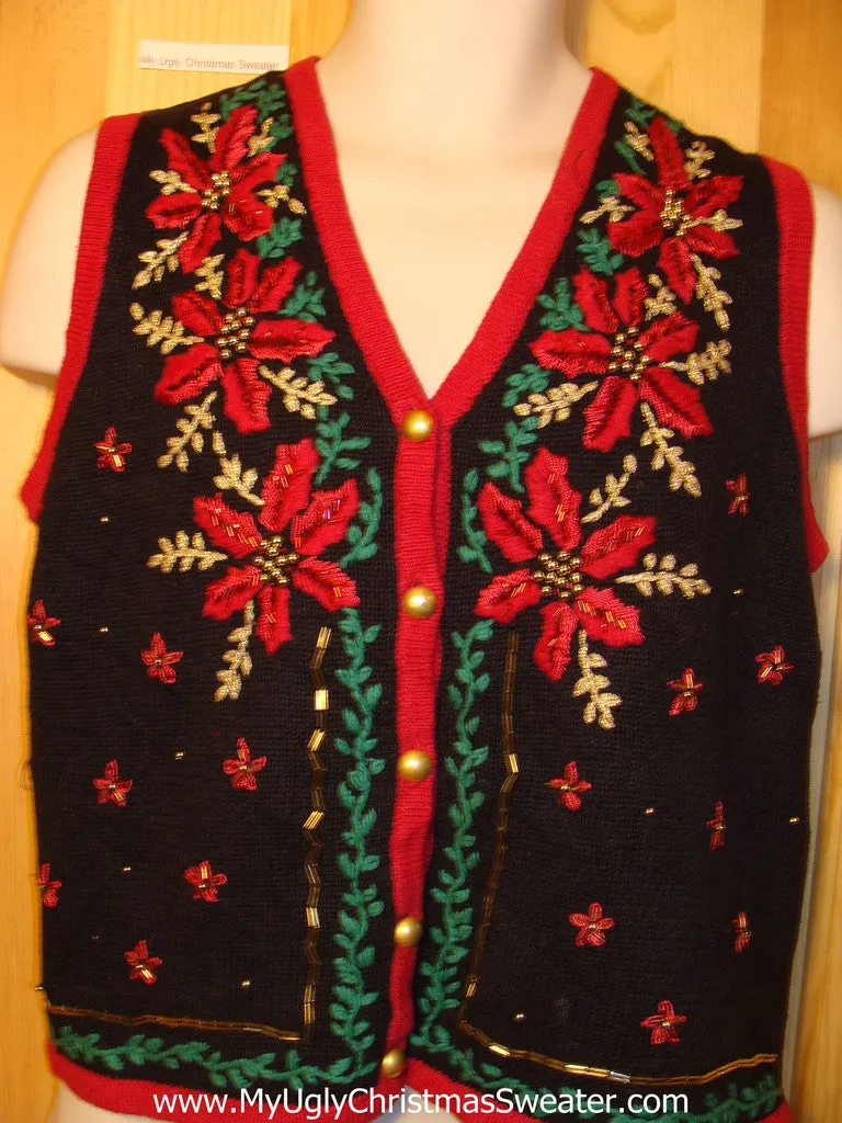 Tacky Ugly Christmas Sweater Vest with Bead Bling Festive Poinsettias (f288)