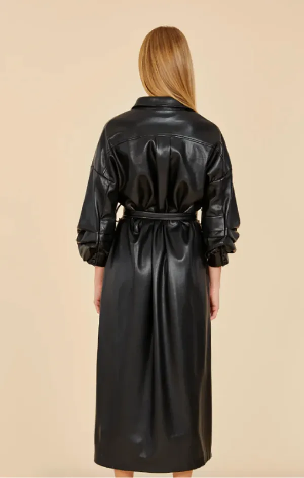 Vegan Leather Ruched Sleeve Maxi