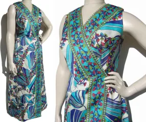 Vintage 60s Maxi Dress Pop Art Blue & Turquoise Floral Border Print L