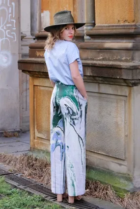 Wide Leg Trousers Birds Green