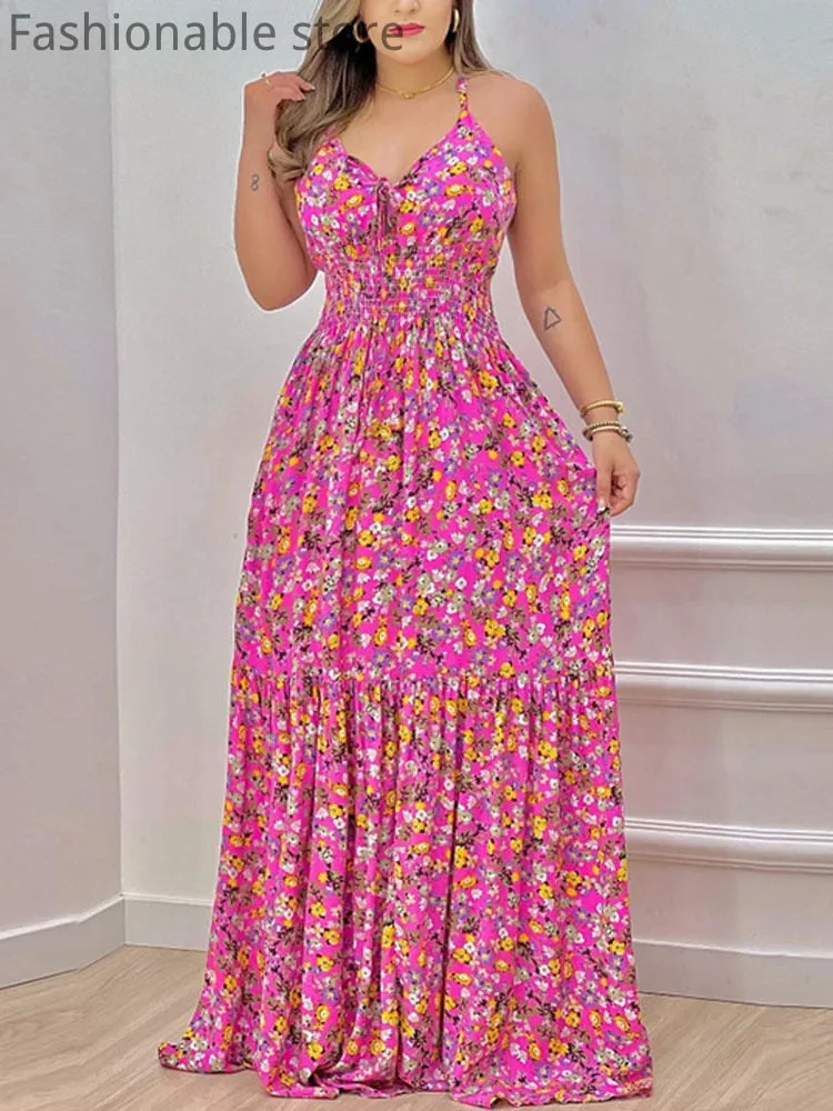 Women Summer Print Spaghetti Strap Big Swing Dress