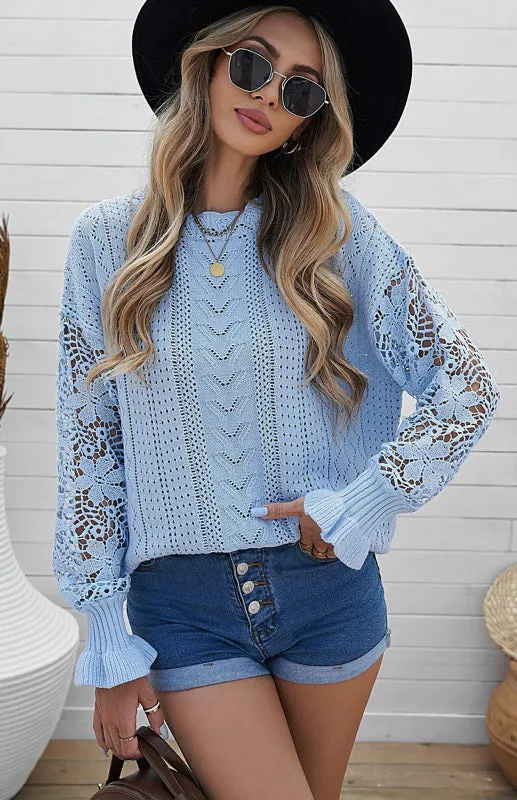 Women's Long Sleeve Cutout Petal Crochet Sleeve Boho Sweater