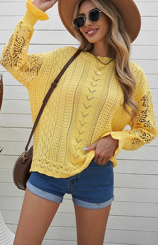 Women's Long Sleeve Cutout Petal Crochet Sleeve Boho Sweater