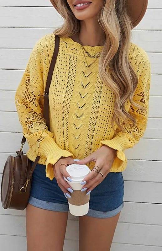 Women's Long Sleeve Cutout Petal Crochet Sleeve Boho Sweater