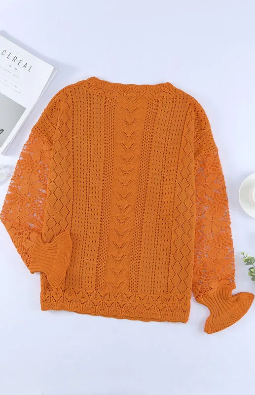 Women's Long Sleeve Cutout Petal Crochet Sleeve Boho Sweater