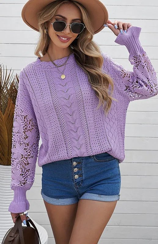 Women's Long Sleeve Cutout Petal Crochet Sleeve Boho Sweater