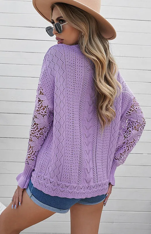 Women's Long Sleeve Cutout Petal Crochet Sleeve Boho Sweater