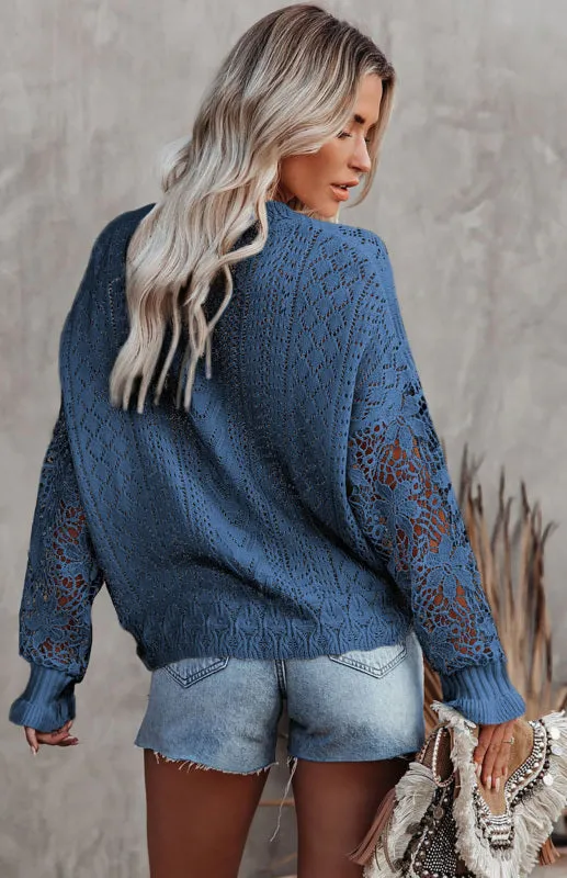 Women's Long Sleeve Cutout Petal Crochet Sleeve Boho Sweater