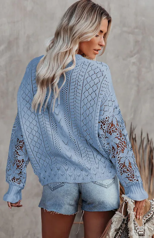 Women's Long Sleeve Cutout Petal Crochet Sleeve Boho Sweater