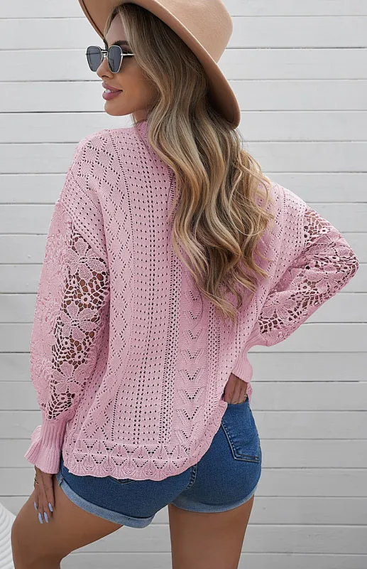 Women's Long Sleeve Cutout Petal Crochet Sleeve Boho Sweater