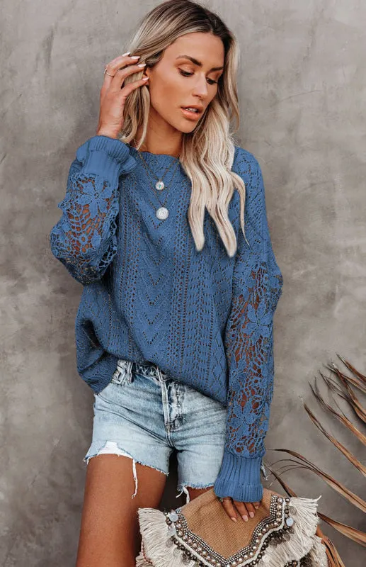 Women's Long Sleeve Cutout Petal Crochet Sleeve Boho Sweater