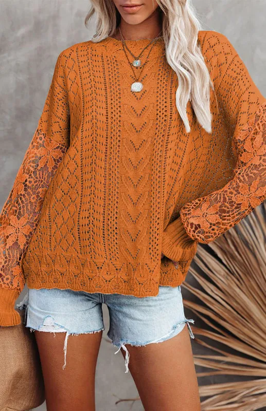 Women's Long Sleeve Cutout Petal Crochet Sleeve Boho Sweater