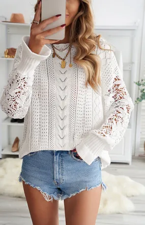 Women's Long Sleeve Cutout Petal Crochet Sleeve Boho Sweater