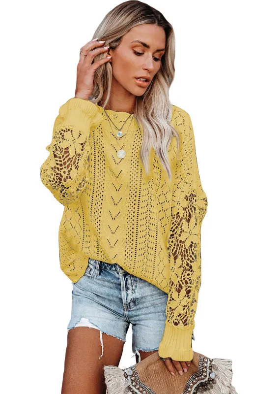 Women's Long Sleeve Cutout Petal Crochet Sleeve Boho Sweater