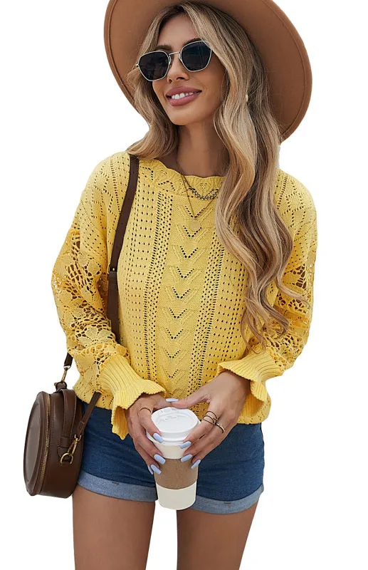 Women's Long Sleeve Cutout Petal Crochet Sleeve Boho Sweater