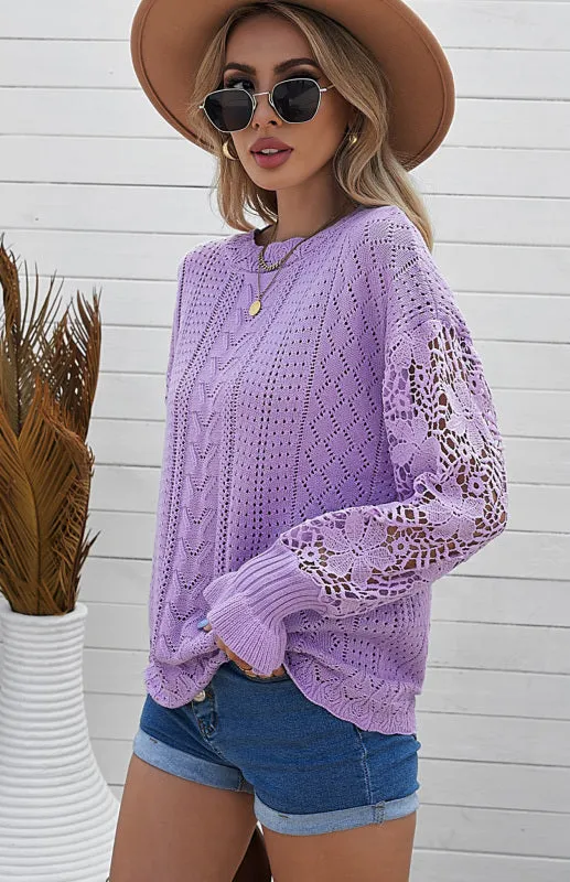 Women's Long Sleeve Cutout Petal Crochet Sleeve Boho Sweater