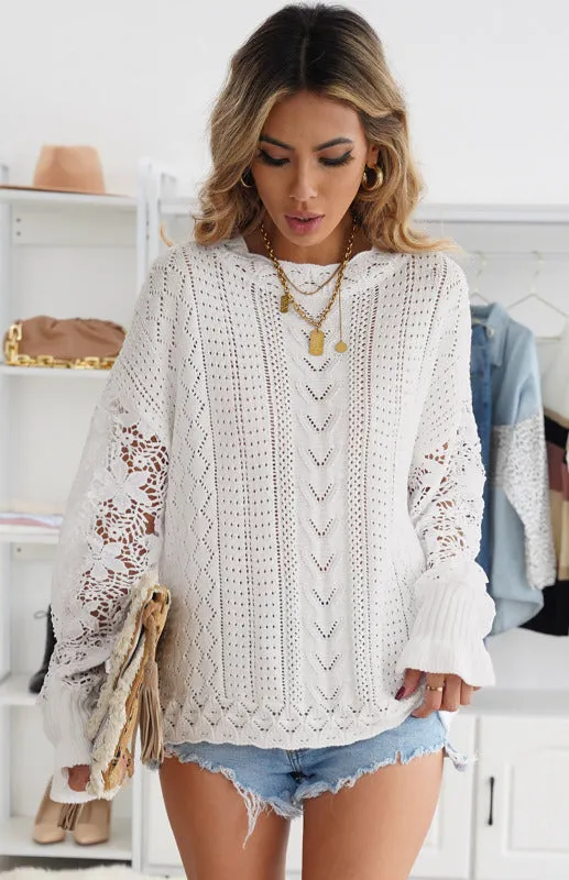 Women's Long Sleeve Cutout Petal Crochet Sleeve Boho Sweater