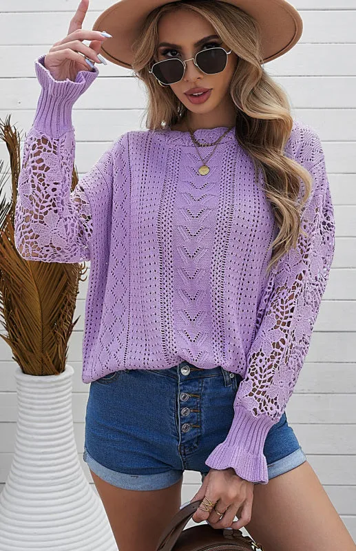 Women's Long Sleeve Cutout Petal Crochet Sleeve Boho Sweater