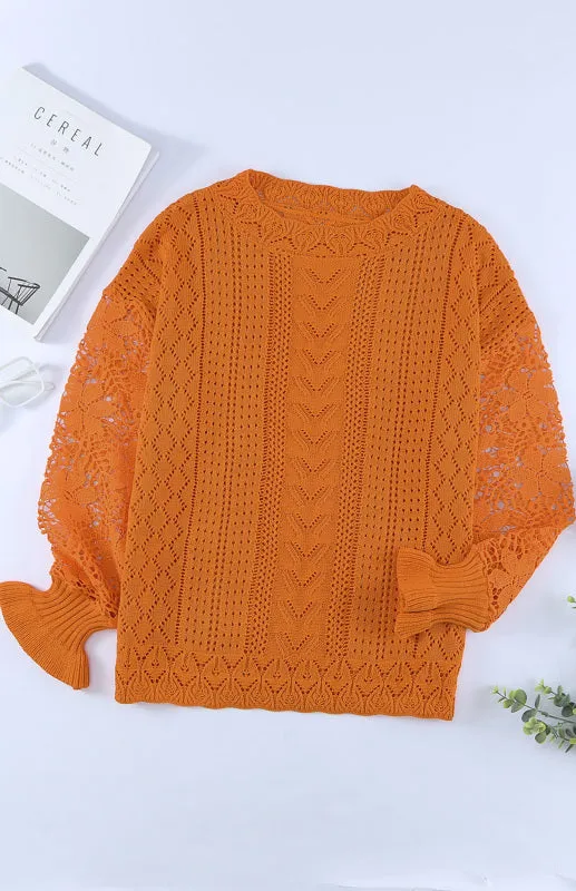 Women's Long Sleeve Cutout Petal Crochet Sleeve Boho Sweater