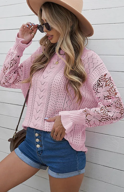 Women's Long Sleeve Cutout Petal Crochet Sleeve Boho Sweater