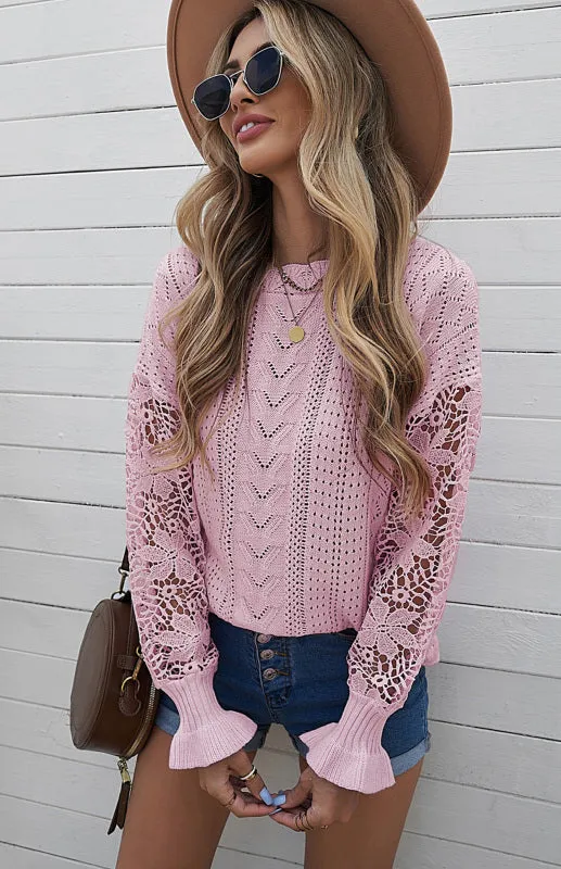 Women's Long Sleeve Cutout Petal Crochet Sleeve Boho Sweater