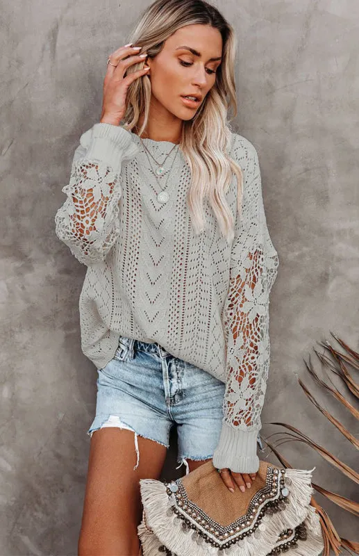 Women's Long Sleeve Cutout Petal Crochet Sleeve Boho Sweater