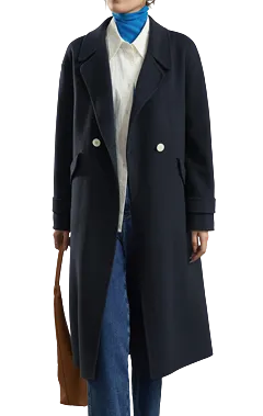 Womens Vera Front Button Blue Wool Long Coat