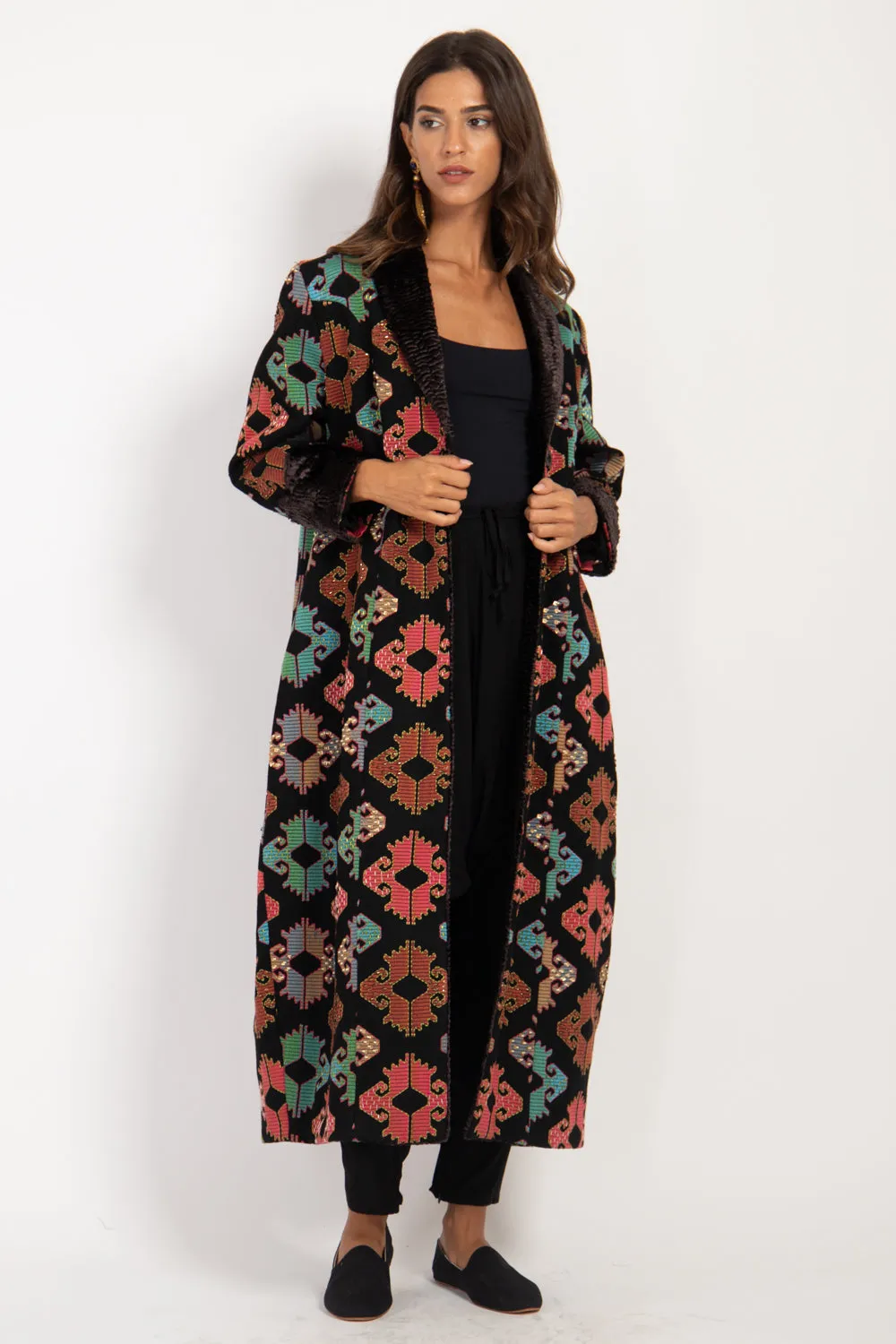 Yousra Wool Embroidered Brown Fur Coat